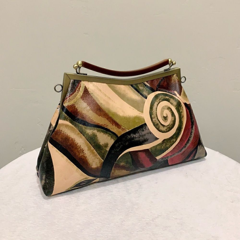 Abstract Print Genuine Cowhide Handmade Double Kisslock Bag with 2 Strap Styles - Picture 7 of 16